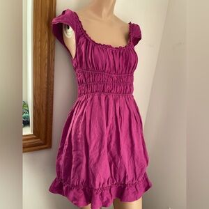S Anthropologie dress fuschia pink cutout back linen visc cotton milkmaid style
